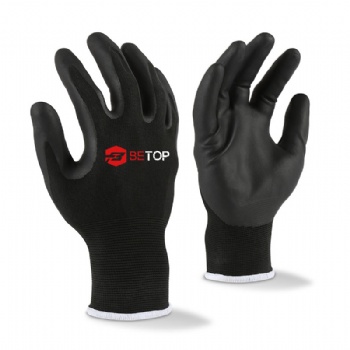 Black Polyester Work Gloves with Microfoam Nitrile Coating