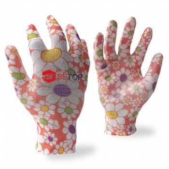 13 Gauge Polyester Flower PU Coated Gloves